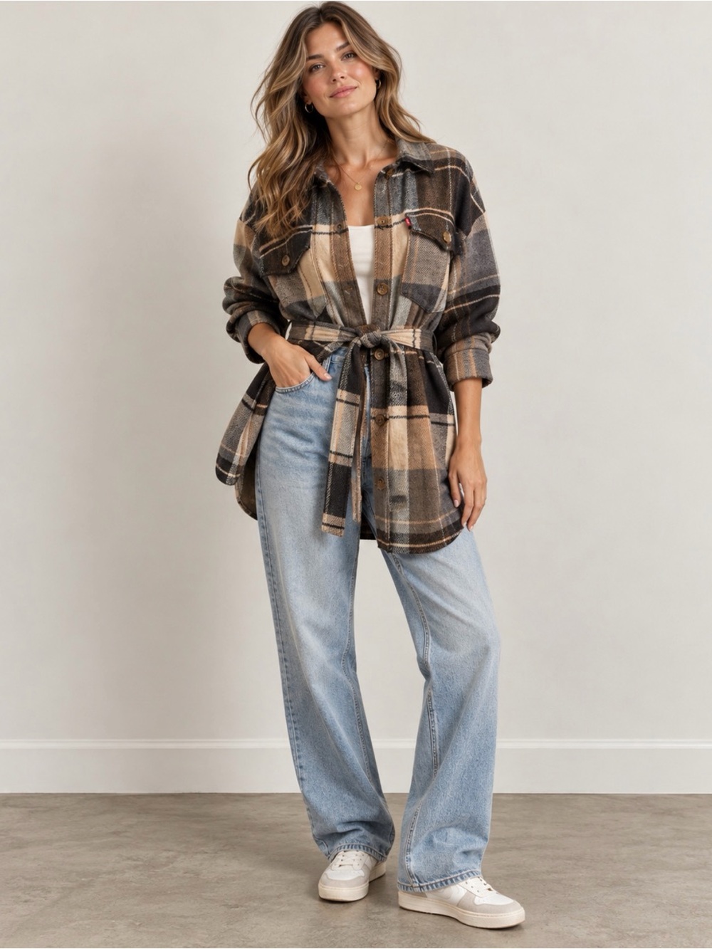 Levi's Plaid Flannel Shacket XS Belted Shirt Jacket Brown Neutral Fall